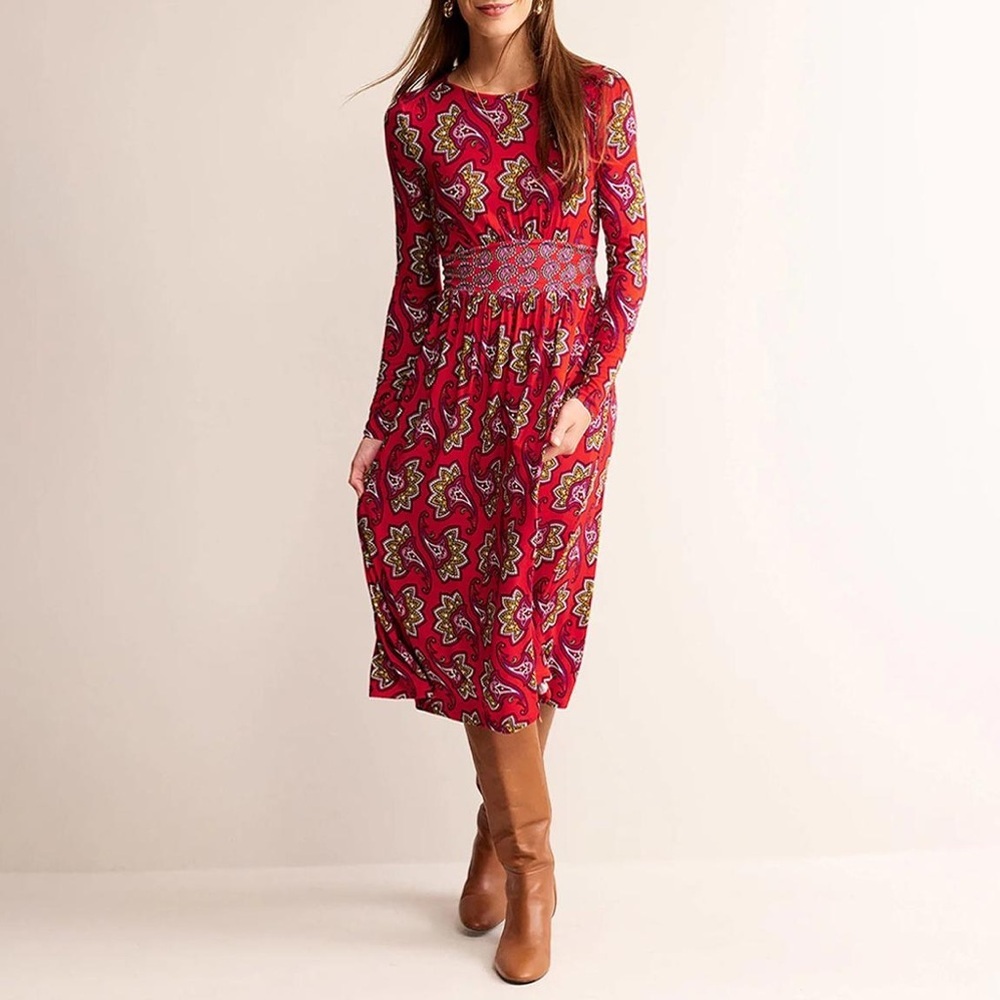 Boden Thea Long Sleeve Midi Dress in Red Paisley Print Size 6 Regular.